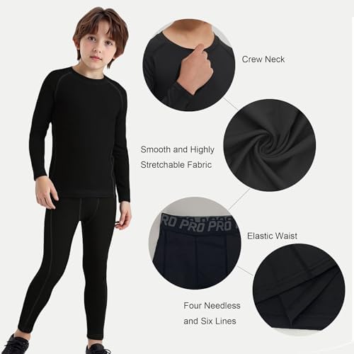 LANBAOSI Youth Boys Long Sleeve Compression Shirt Leggings Football Thermal Tops Tights Base Layer Set Athletic Undershirt
