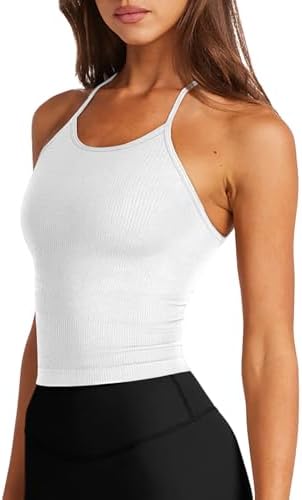 LASLULU Womens Sports Bra Seamless Long Crop Tank Racer Back Spaghetti Strap Workout Yoga Bra Padded Halter Neck Casual Tops