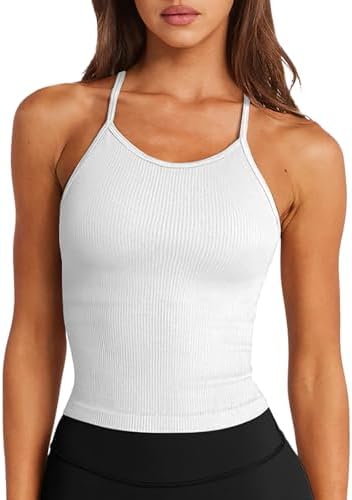 LASLULU Womens Sports Bra Seamless Long Crop Tank Racer Back Spaghetti Strap Workout Yoga Bra Padded Halter Neck Casual Tops