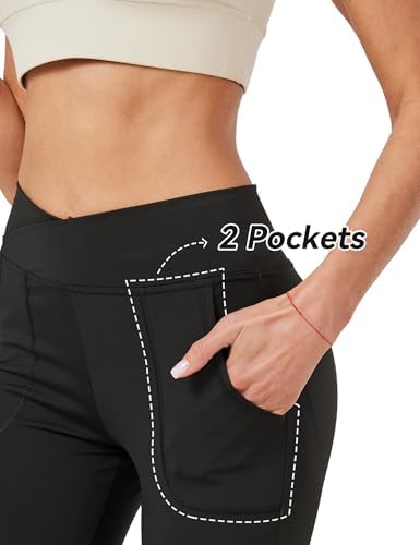 Leggings With Pockets For Girls Solid Black Stretch High Waist Tummy Control Workout Dance Bootcut Yoga Pants