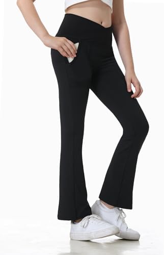 Leggings With Pockets For Girls Solid Black Stretch High Waist Tummy Control Workout Dance Bootcut Yoga Pants