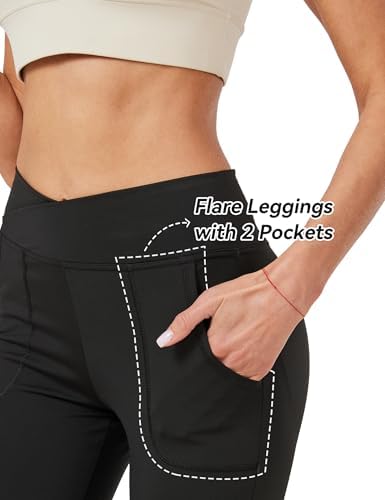 Leggings With Pockets For Girls Solid Black Stretch High Waist Tummy Control Workout Dance Bootcut Yoga Pants