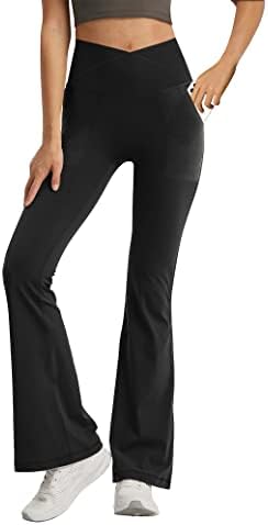Leggings with Pockets for Girls Solid Black Stretch High Waist Tummy Control Workout Dance Bootcut Yoga Pants