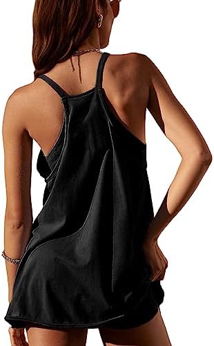 Lentta Womens Athletic Sleeveless Mini Dress With Built-in Shorts V Neck Spaghetti Strap Sundress