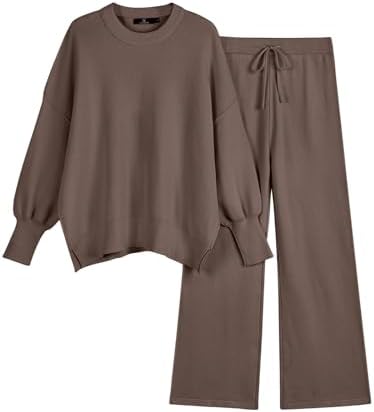 LILLUSORY Women 2 Piece Outfits Sweatsuit Oversized Knit Pullover Sweater Tops Wide Leg Pants Lounge Set