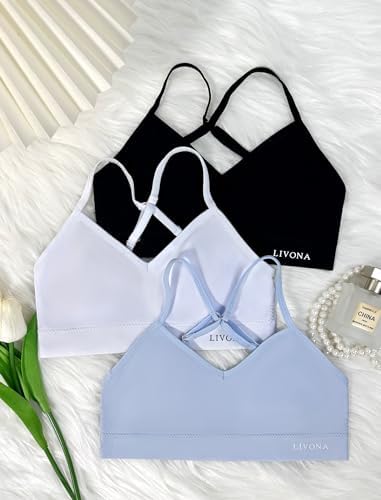 Livona Racerback Training Bra For Girls- 3 Pack Seamless Sports Bra Padded Everyday Bra Bralette Crop Cami Tank Top (6-14)