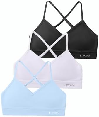 Livona Racerback Training Bra for Girls- 3 Pack Seamless Sports Bra Padded Everyday Bra Bralette Crop Cami Tank Top (6-14)