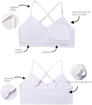Livona Racerback Training Bra For Girls- 6 Pack Seamless Sports Bra Padded Everyday Bra Bralette Crop Cami Tank Top (6-14)
