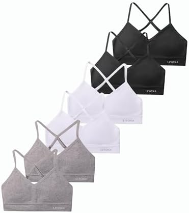Livona Racerback Training Bra for Girls- 6 Pack Seamless Sports Bra Padded Everyday Bra Bralette Crop Cami Tank Top (6-14)
