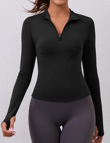 LOMON Womens Long Sleeve Workout Tops Quick Dry Quarter Zip Pullover Crop Yoga Athletic Slim Fit Shirts