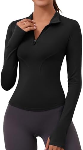 LOMON Womens Long Sleeve Workout Tops Quick Dry Quarter Zip Pullover Crop Yoga Athletic Slim Fit Shirts
