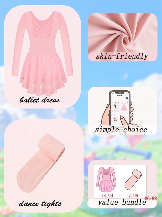 Long Sleeve Ballet Leotard For Girls Kids Toddle Dance Dresses With Tights