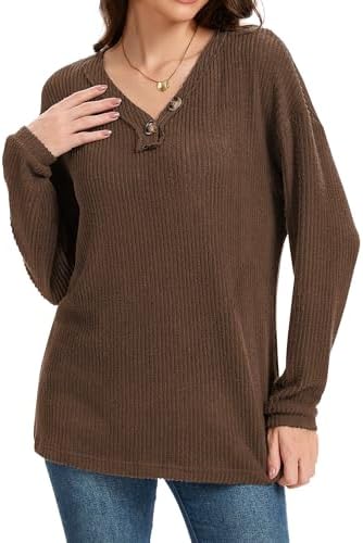 Long Sleeve Shirts For Women V-Neck Button Down Lightweight Tops Blouses Sweaters Fashion Clothing