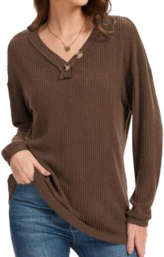 Long Sleeve Shirts For Women V-Neck Button Down Lightweight Tops Blouses Sweaters Fashion Clothing