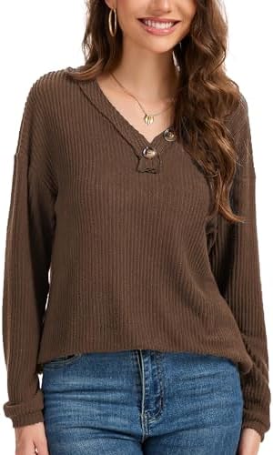 Long Sleeve Shirts For Women V-Neck Button Down Lightweight Tops Blouses Sweaters Fashion Clothing