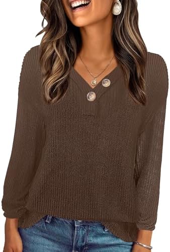 Long Sleeve Shirts for Women V-Neck Button Down Lightweight Tops Blouses Sweaters Fashion Clothing