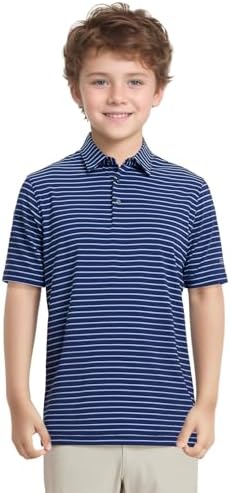 M MAELREG Boys' Polo Shirt Striped Short Sleeve Moisture Wicking Performance Stretch Active Casual Collared Kids Golf Shirt