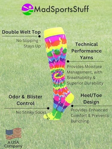MadSportsStuff Crazy Tie Dye Socks For Softball Soccer Volleyball Tall Over The Calf Athletic Socks Fun Neon Colors