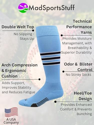 MadSportsStuff Dugout Striped Baseball Socks Softball Youth And Adult For Boys Girls Men Women Over The Calf Length
