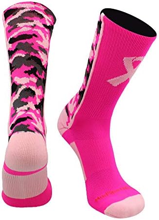 MadSportsStuff Pink Ribbon Breast Cancer Awareness Camo Crew Socks for Football Basketball Boys Girls Men Women Youth Adult