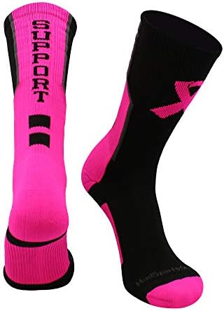 MadSportsStuff Pink Ribbon Breast Cancer Awareness Support Crew Socks for Football Volleyball Boys Girls Men Women Youth