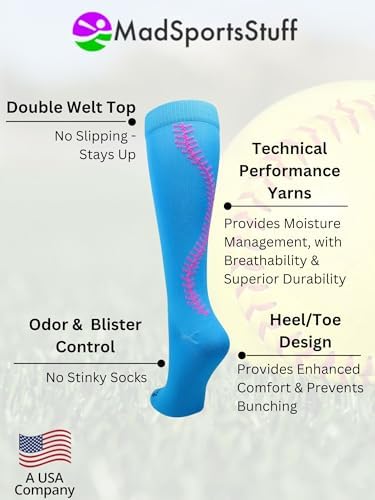 MadSportsStuff Softball Socks With Stitches For Girls And Women Youth And Adult Sizes In Over The Calf Length Kids
