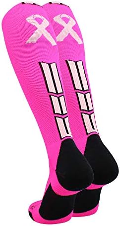 MadSportsStuff Triumph Pink Ribbon Breast Cancer Awareness Socks For Football Baseball Softball Boys Girls Men Over The Calf