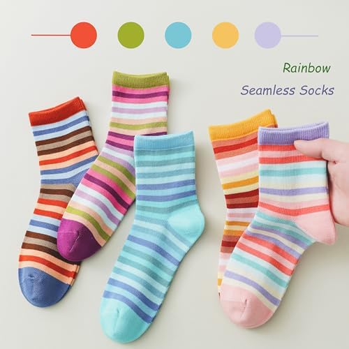 Marchare Girls Seamless Crew Cotton Socks Kids Casual Socks School Socks Rainbow Stripes 5 Pack