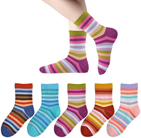 Marchare Girls Seamless Crew Cotton Socks Kids Casual Socks School Socks Rainbow Stripes 5 Pack