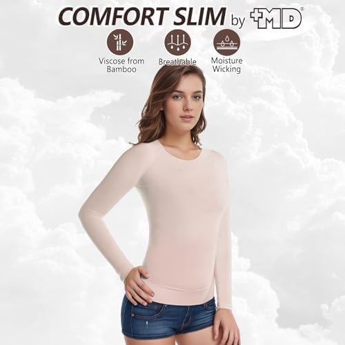 +MD Womens Long Sleeve Undershirts Tops Bamboo Round Neck Slim Fit Baselayer Soft Thermal Underwear Light Compression