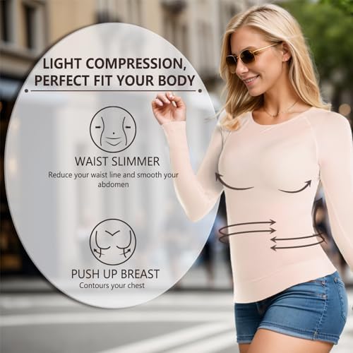 +MD Womens Long Sleeve Undershirts Tops Bamboo Round Neck Slim Fit Baselayer Soft Thermal Underwear Light Compression