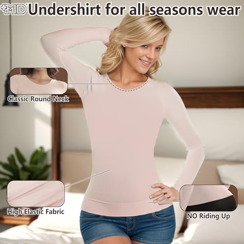 +MD Womens Long Sleeve Undershirts Tops Bamboo Round Neck Slim Fit Baselayer Soft Thermal Underwear Light Compression