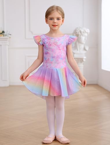 MdnMd Ballet Leotards For Girls Toddler Dance Ballet Leotard With Skirt Ballerina Dresses Tutu Outfits Flutter Sleeve