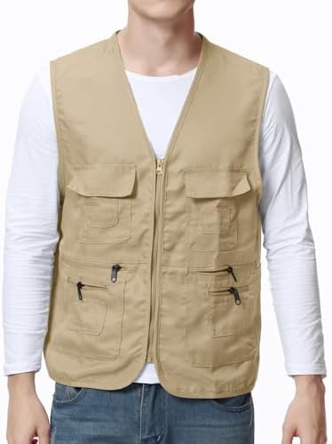 Men's Fishing Vest Zip Up Utility Safari Travel Vest Multi Pockets Outdoor Lightweight Work Photo Cargo Summer Vests