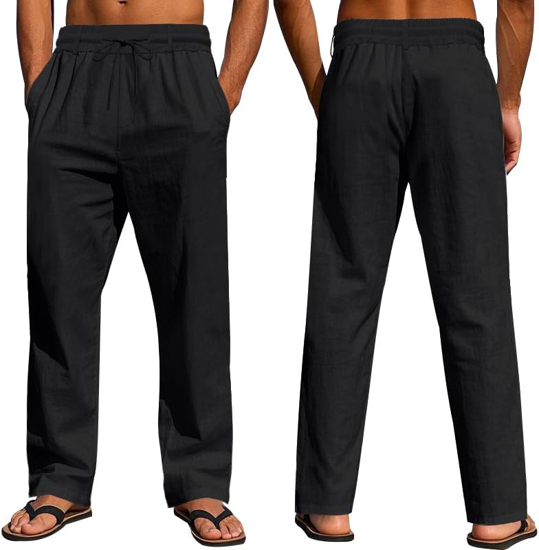 ‌Men's Linen Pants Lightweight Drawstring Elastic Waist Pockets Loose Fit Straight Legs Summer Beach Yoga