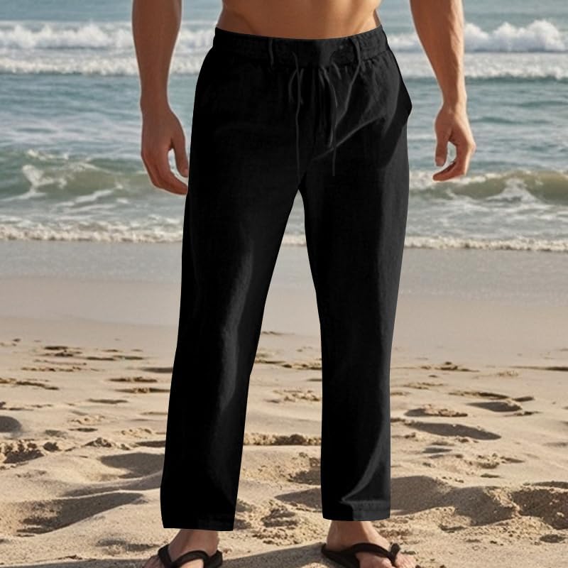 ‌Men's Linen Pants Lightweight Drawstring Elastic Waist Pockets Loose Fit Straight Legs Summer Beach Yoga
