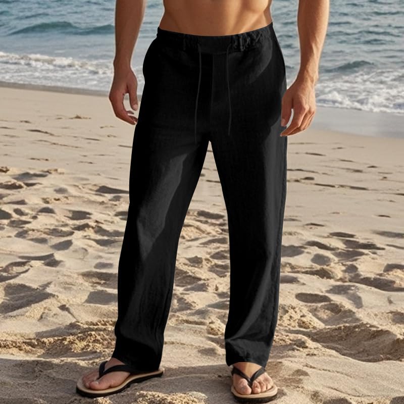 ‌Men's Linen Pants Lightweight Drawstring Elastic Waist Pockets Loose Fit Straight Legs Summer Beach Yoga
