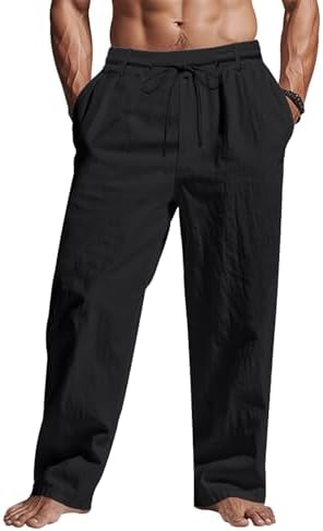 ‌Men's Linen Pants Lightweight Drawstring Elastic Waist Pockets Loose Fit Straight Legs Summer Beach Yoga