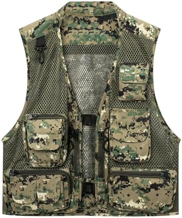 Men's Outdoor Utility Tactical Vest Casual Camo Mesh Breathable Work Safari Fishing Hunting Cargo Vest Multi Pockets Jacket