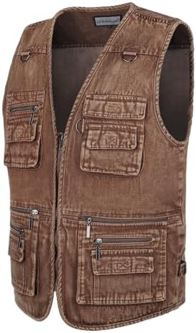 Men's Zipper Multi Pockets Casual Vest Outdoor Travel Fishing Hunting Photo Utility Work Cargo Vests Denim Black