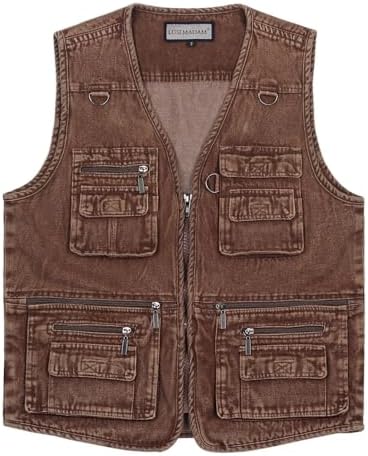 Men's Zipper Multi Pockets Casual Vest Outdoor Travel Fishing Hunting Photo Utility Work Cargo Vests Denim Black