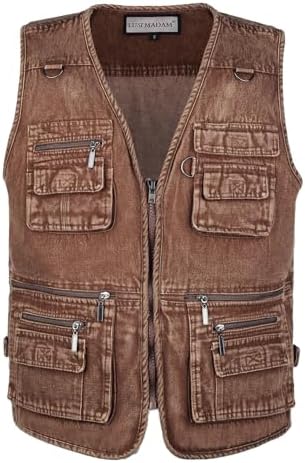 Men's Zipper Multi Pockets Casual Vest Outdoor Travel Fishing Hunting Photo Utility Work Cargo Vests Denim Black