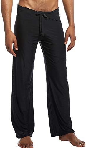 Men Soft Ice Silk Long Yoga Pants Sexy Low Rise Elastic Drawstring Sleep Bottoms