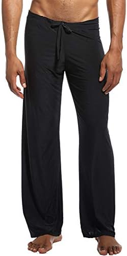 Men Soft Ice Silk Long Yoga Pants Sexy Low Rise Elastic Drawstring Sleep Bottoms