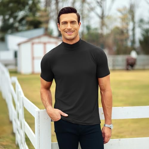 Mens T Shirt Short Sleeve Basic Mock Turtleneck Slim Fit Undershirt Pullover Thermal Solid Tops
