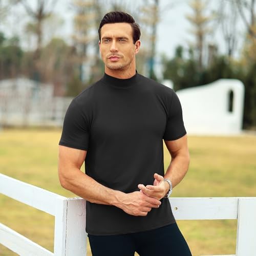 Mens T Shirt Short Sleeve Basic Mock Turtleneck Slim Fit Undershirt Pullover Thermal Solid Tops