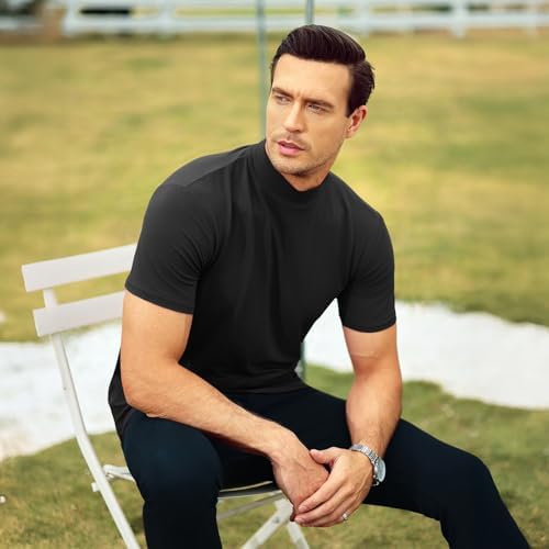 Mens T Shirt Short Sleeve Basic Mock Turtleneck Slim Fit Undershirt Pullover Thermal Solid Tops