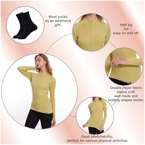 MERINNOVATION Merino Wool Base Layer For Womens Wool Half Zip Sweater Midweight 240gsm