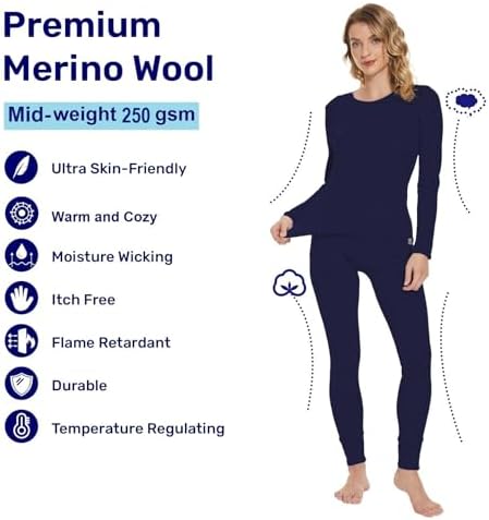 MERINNOVATION Merino Wool Base Layer Set For Women 100% Merino Wool Thermal Underwear Set
