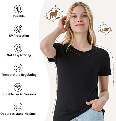 Merino Protect 100% Merino Wool T Shirts Women Crew Neck Tops Short Sleeve Odor Resistance Base Layer Travel Hiking Tee Shirt